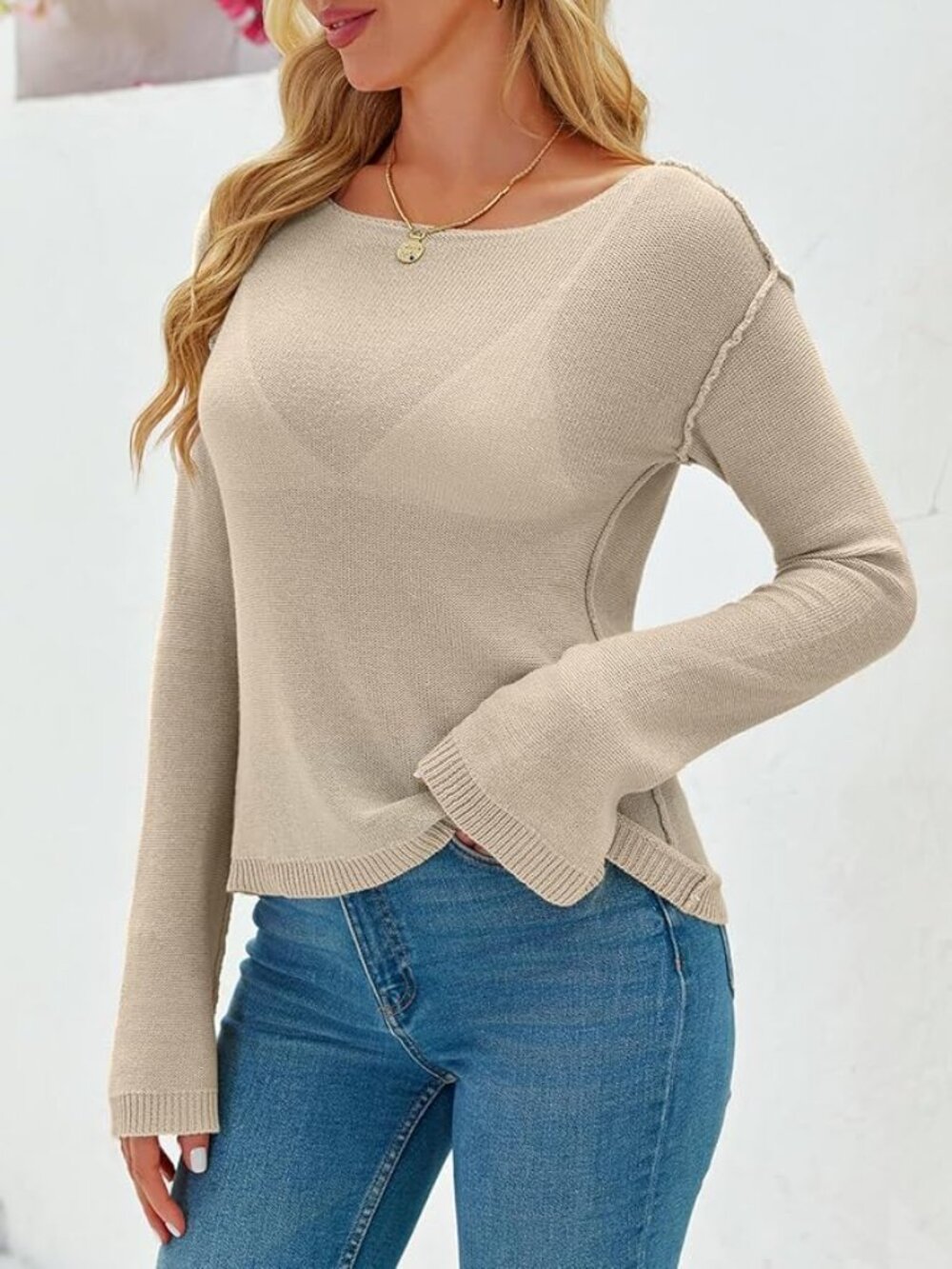 Womens See Through Shirt Crewneck Long Sleeve Knitted Casual Blouse in Khaki - Picture 4 of 5